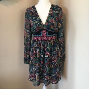 Flying Tomato Dress Womens Large Blue V-Neck Paisley Floral Boho Peasant Hippie